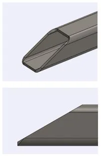 The same square tube miter as cut on the tube laser, where each face is cut square to its surface leaving a short blunt land instead of a knife point