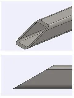 3D model of a square stainless tube mitered to a sharp knife-edge point, the way a saw would cut it